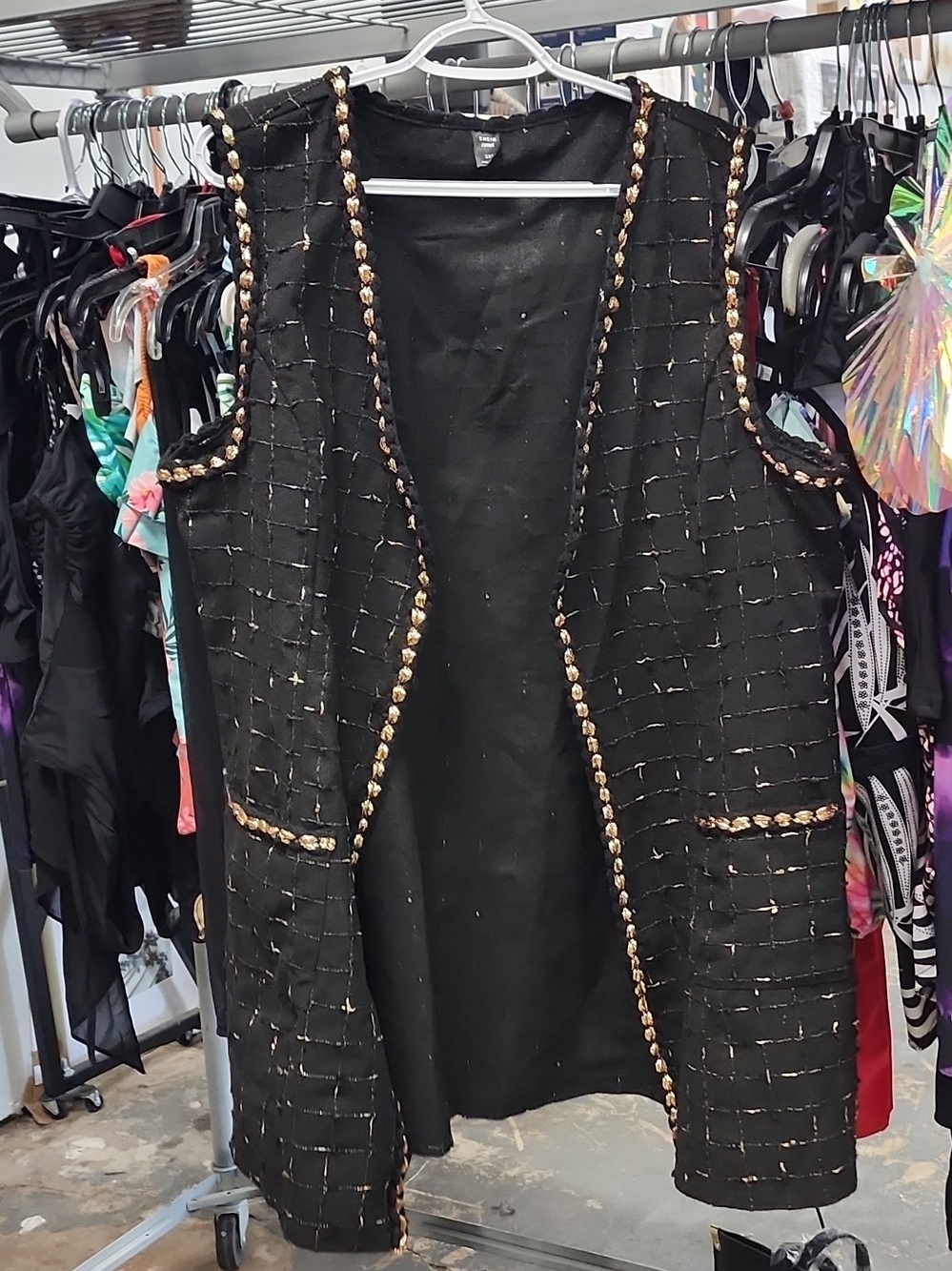 SHEIN Black Tweed Sleeveless Vest with Gold Accent Trim